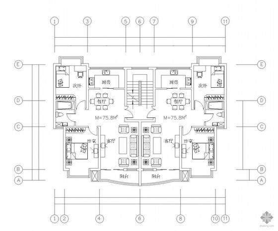 一梯两户平面户型图资料下载-板式多层一梯两户户型图(76/76)