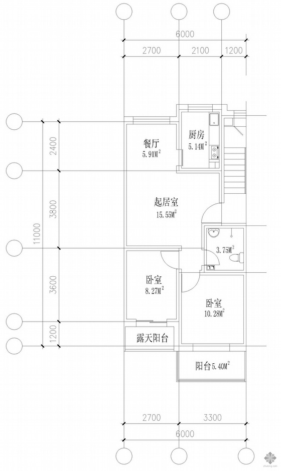 室内户型两室资料下载-板式多层两室单户户型图(127)