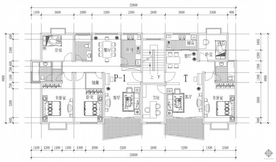18层板式住宅户型图资料下载-板式多层一梯两户户型图(129/100)