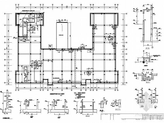 [上海]六层框架结构综合大楼结构图-基础底板结构平面布置(集水井,电梯井等) 