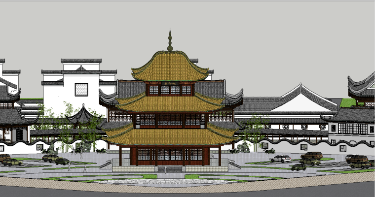 sketch古建筑模型资料下载-中式小岛古建筑会所模型(SU模型)