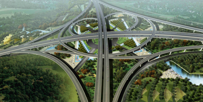 [江苏]生态绿地高速公路出入口景观规划设计方案-景观鸟瞰效果图