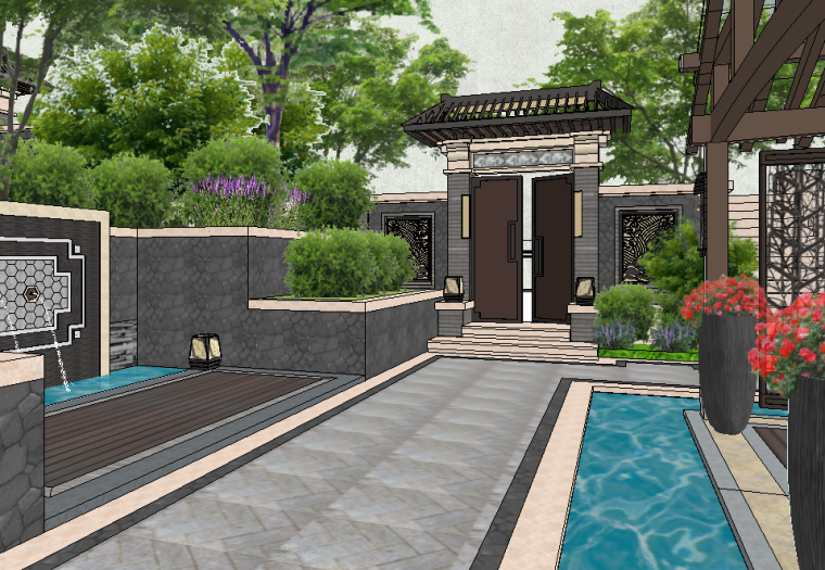 新中式风格陈设设计资料下载-新中式风格庭院大门模型设计