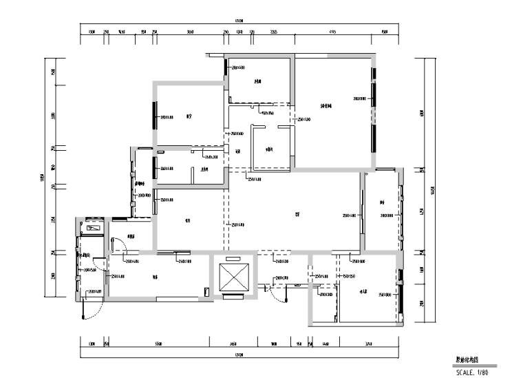 [陕西]200平米风景御园样板房设计施工图（附效果图）-原始结构图