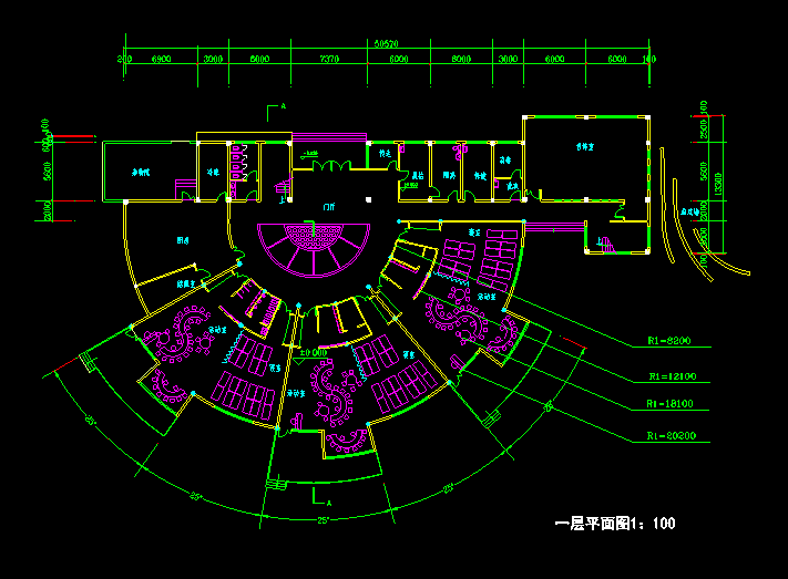 2层类似扇形1820平米幼儿园建筑方案图（无屋顶平面）