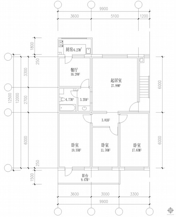 板式多户户型图资料下载-板式多层三室单户户型图(141)