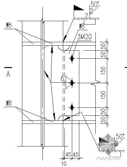刚节点构造资料下载-某500梁柱刚接连接节点构造详图（弱轴）