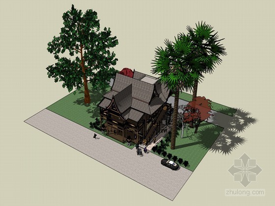 傣族风格住宅设计cad资料下载-傣族风格活动室SketchUp模型下载