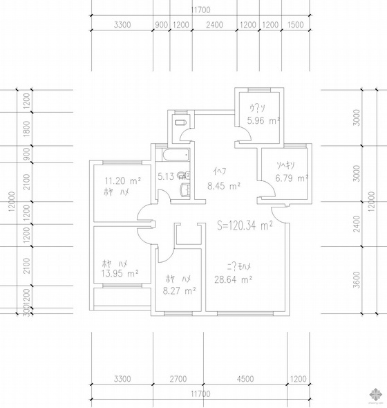 三室二厅两卫资料下载-板式多层单户三室二厅一卫户型图(120)