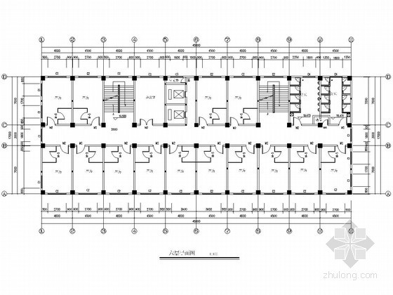 [学士]六层框架结构宾馆毕业设计（含建筑图、结构图、计算书）-六层平面图 