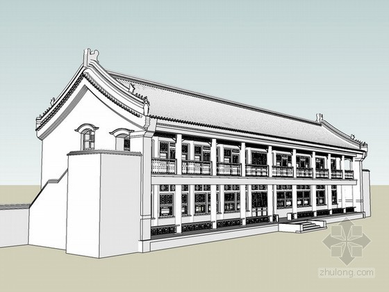 古建院落建筑模型资料下载-古建办公楼sketchup模型下载