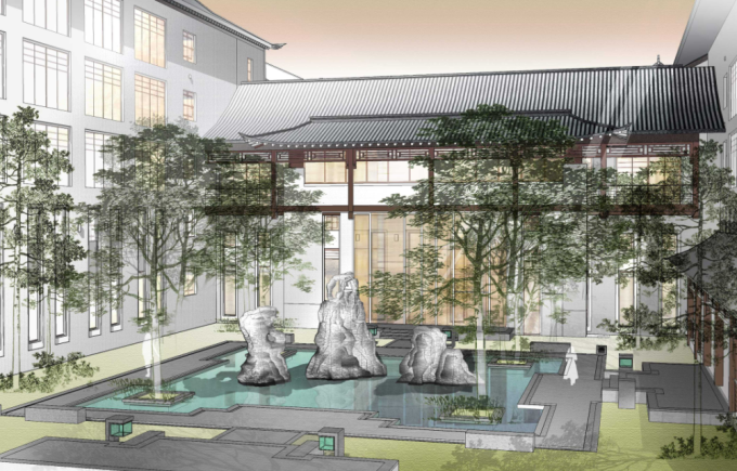 中式园林庭院景观cad资料下载-[天津]新中式生态酒店庭院景观设计方案（附实景图+CAD总平面图）