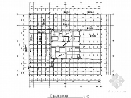 [上海]18层双塔网状钢框架核心筒结构办公楼结构图-B楼五层梁平面布置图 