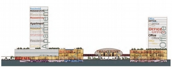 [广东]现代风格城市综合体规划及单体设计方案文本（国外知名建筑事务所）-城市综合体剖面图