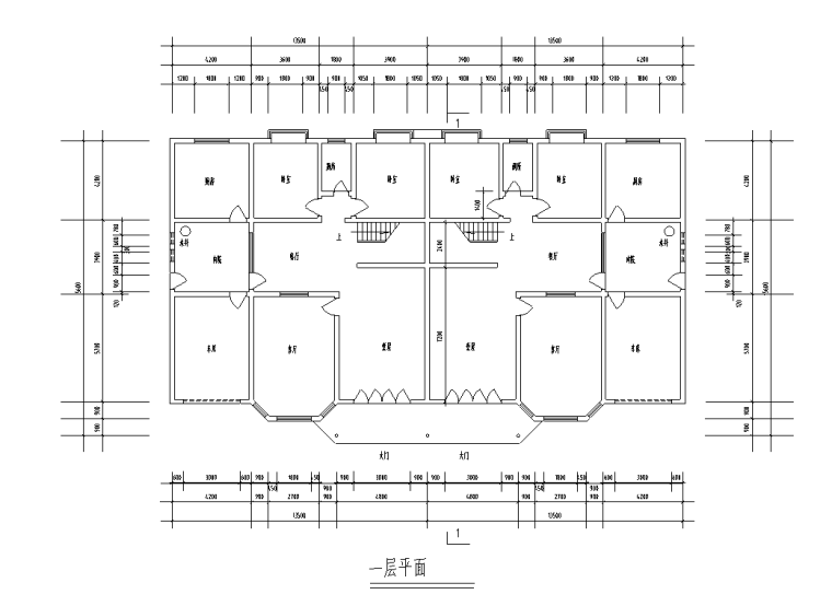 两户双联式别墅建筑设计文本（包含效果图+CAD）-一层平面图