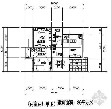 两室两厅两卫平面图资料下载-两室两厅一厨两卫86平方米