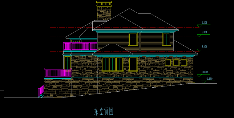 3层独栋别墅建筑方案设计（CAD）-东立面图