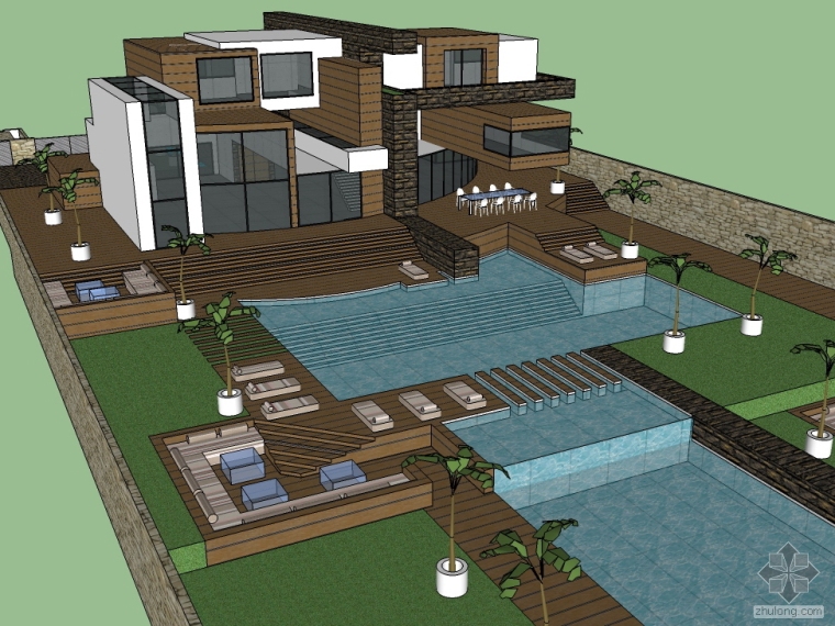 现代风格别墅设计概念资料下载-现代风格别墅设计（含泳池、庭院）SU模型