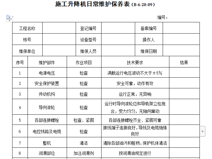 施工升降机日常维护保养表资料下载-施工升降机日常维护保养表