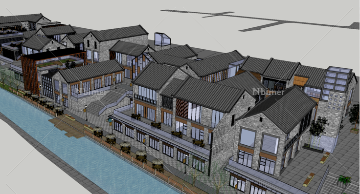 中式古建北京四合院资料下载-沿河古建商业街方案SU模型