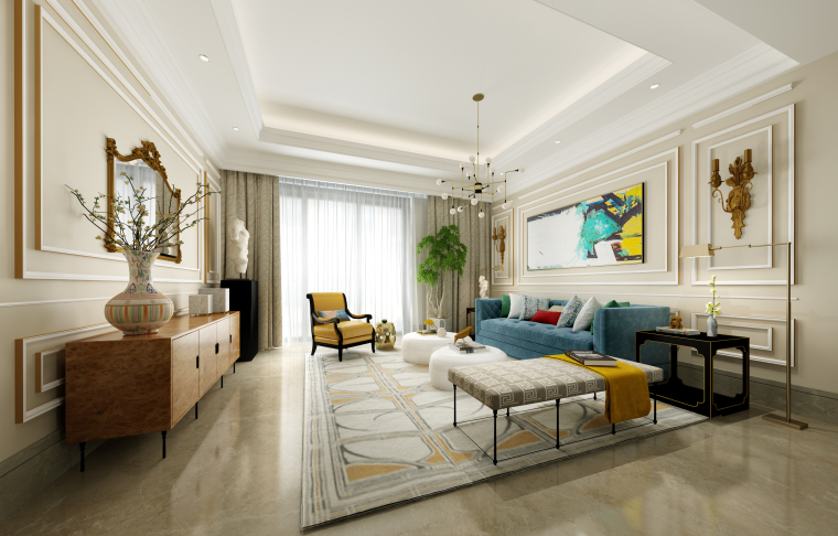求复式家装的客厅效果图资料下载-橙红蓝绿|混合风客厅设计3D模型（附效果图）