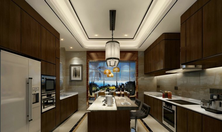 简欧开放式厨房3d模型资料下载-木质开放式厨房餐厅3D模型