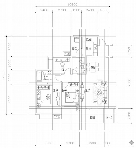 户型图一室一厅一卫资料下载-板式多层单户三室三厅二卫户型图(107)