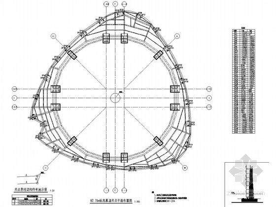 632米巨型框架核心筒外伸臂结构金融大厦结构施工图（CAD、700张）-92.70m标高幕墙吊点平面布置图