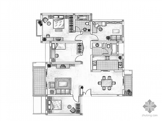 四室平面方案资料下载-四室二厅户型平面图（148）