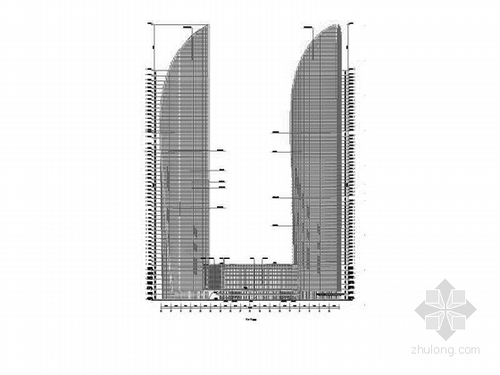 [福建]250米玻璃幕墙双塔商业办公综合体建筑施工图（ 地标建筑 中国第一双子塔）-250米玻璃幕墙商业办公综合体建筑立面图