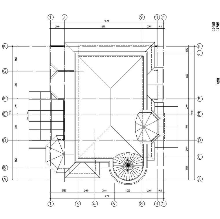 三层独栋别墅建筑施工图设计-屋顶平面图