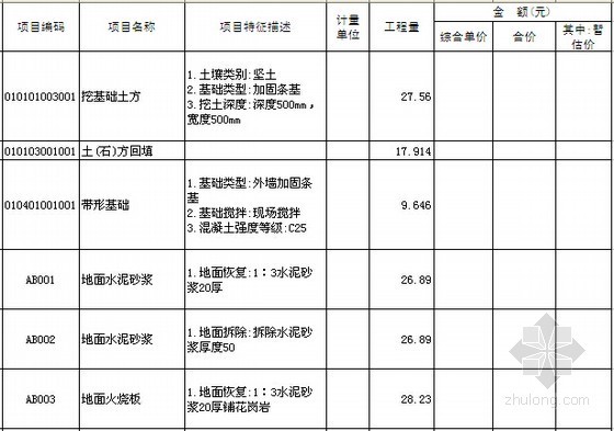 [山东]学生公寓楼抗震加固工程预算书(含施工图纸)-分部分项工程量清单与计价表 