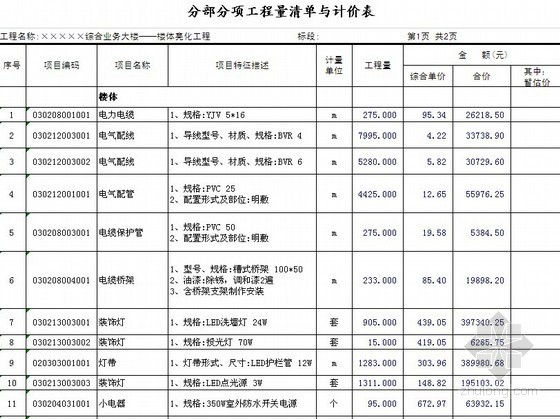 景观亮化清单资料下载-[江苏]2013年某综合业务大楼楼体亮化工程量清单预算实例