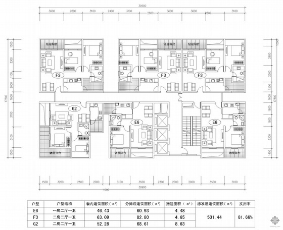 塔式高层两梯五户住宅户型资料下载-塔式高层一梯六户户型图(61/61/83/83/83/69)