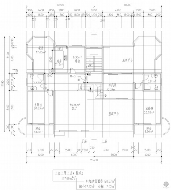 60平米复式户型图资料下载-复式一梯二户三室三厅三卫户型图(198)