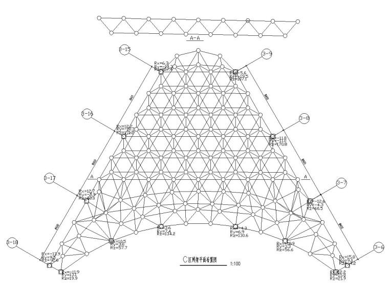 379㎡三角形网架钢结构施工图-C区网架平面布置图