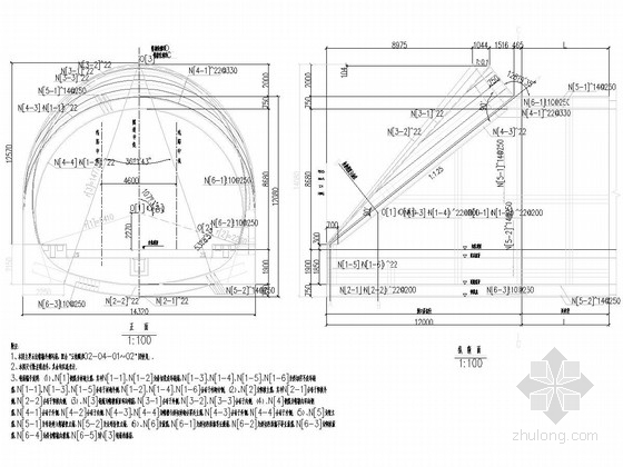[云南]时速250公里铁路双线隧道斜切式洞门设计图90张CAD（知名大院）-帽檐斜切式标准洞门配筋图（无砟轨道） 