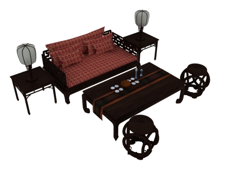 古典中式龙头模型资料下载-古典中式沙发3D模型下载