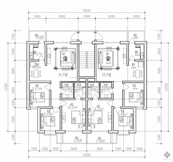 多层90平米户型图资料下载-板式多层一梯两户户型图(117/117)