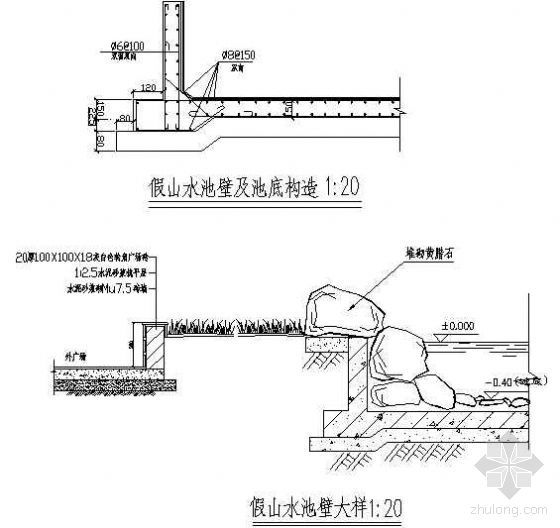 水管穿水池壁套管资料下载-假山水池壁大样