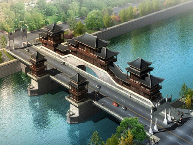 人行桥设计图资料下载-[四川]城市主干道汉式建筑形制三跨连拱人行景观廊桥设计图109张