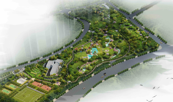 [重庆]小清新生态休闲体育公园景观设计方案-总体鸟瞰效果图