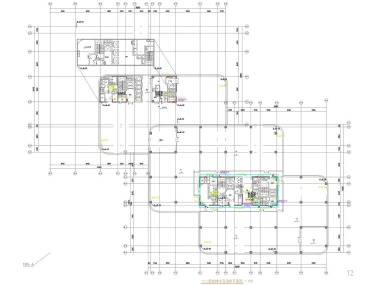 [深圳]双栋超高层塔楼裙楼地下室给排水雨水气体灭火系统施工图-十二层给排水及消防平面图.jpg