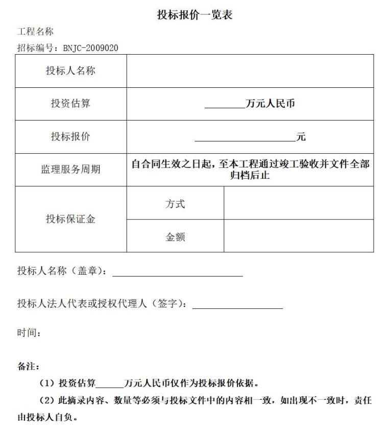 机场改扩建航站区工程及市政配套工程建设监理投标书-投标报价一览表