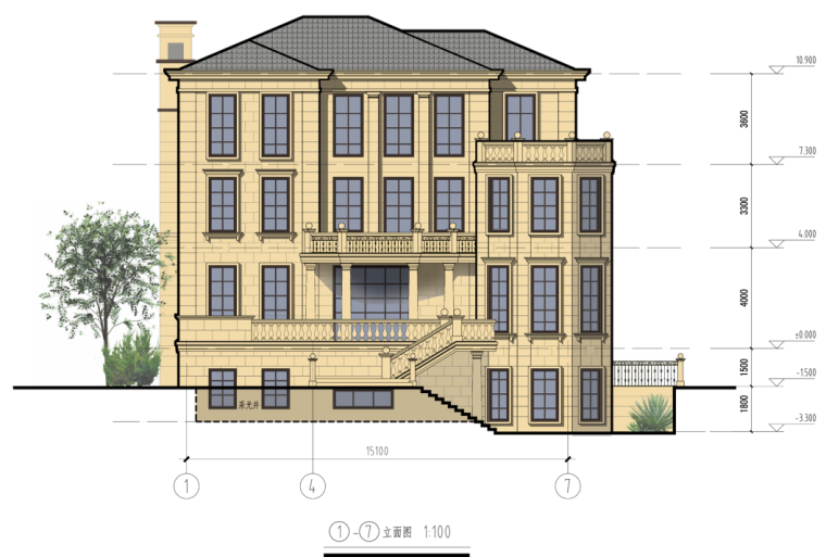 框架-剪力墙结构3层独栋别墅建筑设计（包含CAD）-立面图1