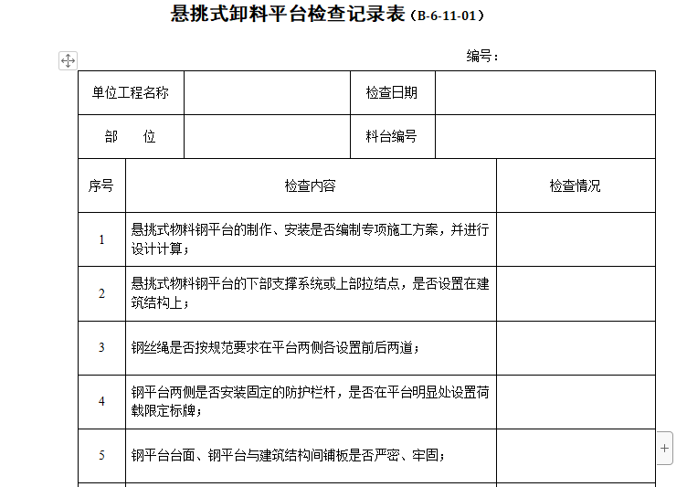 室外工程检查记录表资料下载-悬挑式卸料平台检查记录表