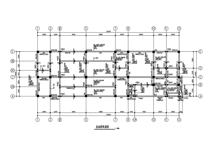 [吉林]4层框架结构综合办公楼建筑结构施工图（CAD、33张）-基础梁配筋图