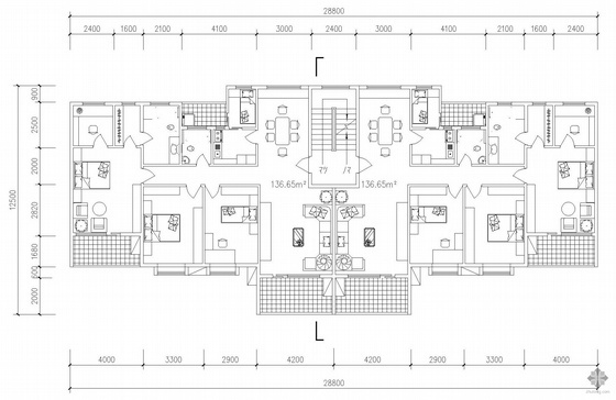 四室二厅户型平面图视频资料下载-板式多层一梯二户直线型四室二厅户型图(103/103)
