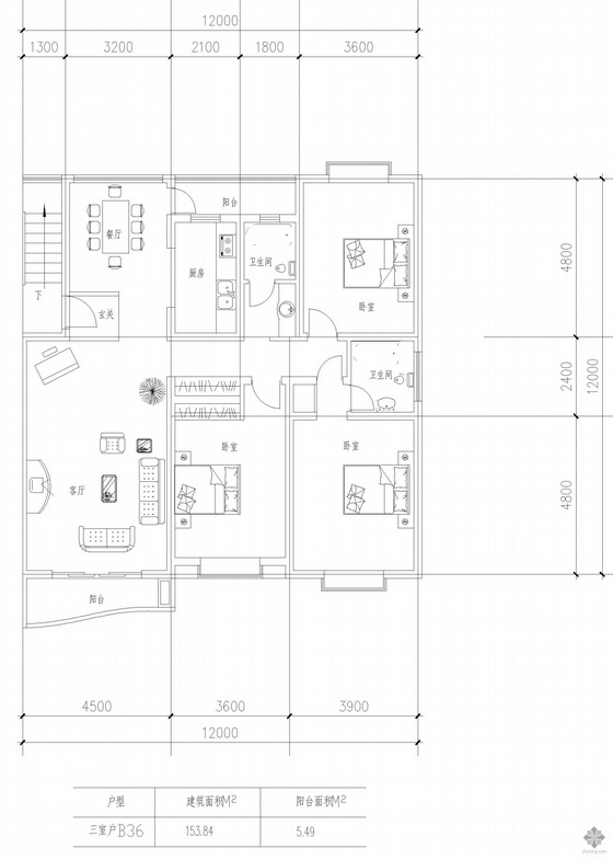 多层大户型建筑方案图资料下载-板式多层一梯两户户型图(153.8/153.8)