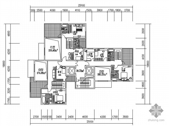 18层一梯三户住宅效果图资料下载-高层一梯三户跃层（169.5/174.7/183.3）